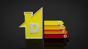 Energy efficiency rating chart. Black background. Animation showing energy performance in a house, from red (G) to green (A). Alpha matte. - Powered by Shutterstock - Get 15% off with code: PIKWIZARD15