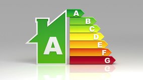 Energy efficiency rating chart. White background. Animation showing energy performance in a house, from red (G) to green (A). Alpha matte. - Powered by Shutterstock - Get 15% off with code: PIKWIZARD15
