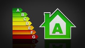 Energy efficiency rating chart. Black background. Animation showing energy performance in a house, from red (G) to green (A). Alpha matte. - Powered by Shutterstock - Get 15% off with code: PIKWIZARD15
