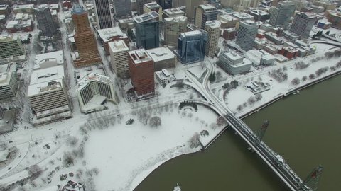 Aerial video of Portland Oregon during 2016 Snow Storm.