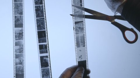 Photographer inspects strips of 35mm black and white film negatives in dark room before cutting and archiving