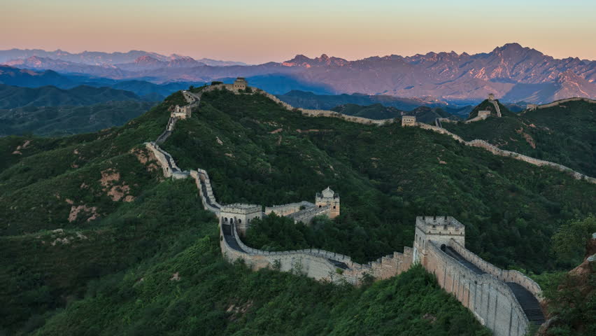 Sunrise of Great Wall of China (Panning Shot, 4k Time-Lapse Video). Aerial view of Jinshanling Great Wall near Beijing, China.  - >>> Please search similar: " ChinaGreatWall " .
