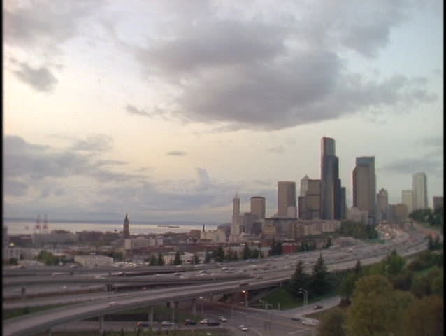 Rain pours on downtown Seattle.