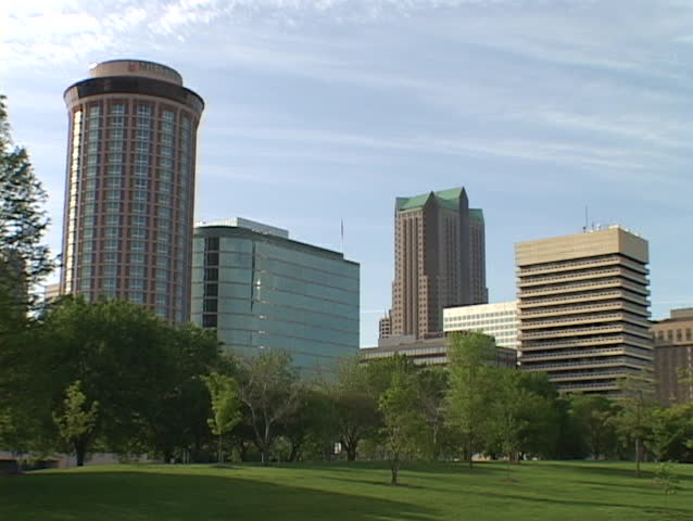 Office buildings and hotels tower over downtown St. Louis.