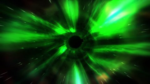 Animation tunnel of flash green light represent warp zone, time travel, black hole or worm hole with digital code running in fiber optic cable of internet telecommunications signal in 4k ultra HD