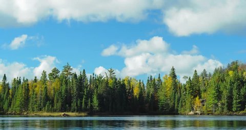 Moving clouds over a pine forest and peaceful lake. Time lapse video of an early fall afternoon on a lake in northern Minnesota. Size 4K (4096 x 2160).