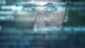 Young woman with holographic glasses. Futuristic. Augmented reality. Dark. - Powered by Shutterstock - Get 15% off with code: PIKWIZARD15