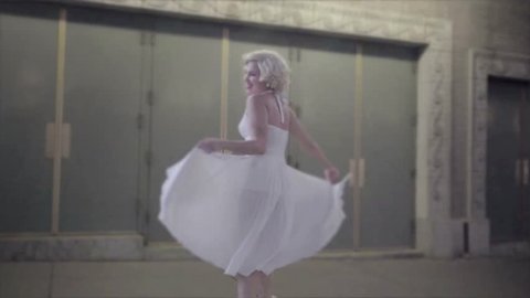 vintage style film of Marilyn Monroe girl doing pirouettes in slow motion in Theater District in Midtown Manhattan NYC 1080p HD