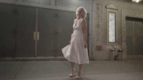 Marilyn Monroe from head to toe with Seven Year Itch dress on, laughing and dancing in slow motion, 1080 HD