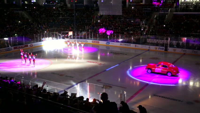 MOSCOW, RUSSIA - DECEMBER 20, 2015: colorful light show before the "Channel One hockey Cup" match. Channel One Cup is an annual ice hockey event held in Russia under the auspices of the TV Channel One | Shutterstock HD Video #13849193