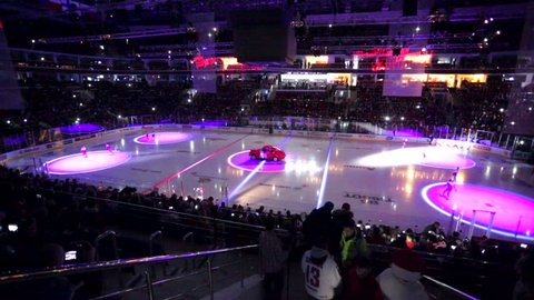 MOSCOW, RUSSIA - DECEMBER 20, 2015: colorful light show before the "Channel One hockey Cup" match. Channel One Cup is an annual ice hockey event held in Russia under the auspices of the TV Channel One
