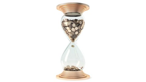 hourglass with golden sand dollars instead of rotate. White background. Isolate. Loop. 1080 full HD. 