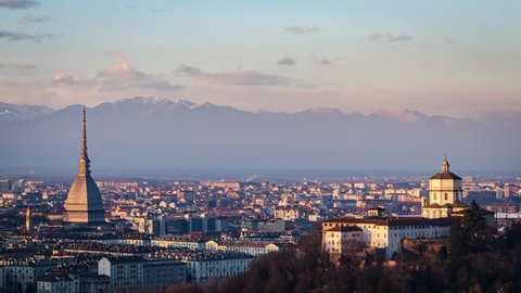 Turin (Torino) HD timelapse panorama with Mole Antonelliana, Monte dei Cappuccini and the Alps in the background. Shooted from sunset to twilight