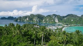 Timelapse video with aerial view of beautiful Koh Phi Phi island from Phi Phi Viewpoint, Krabi Province, Thailand.