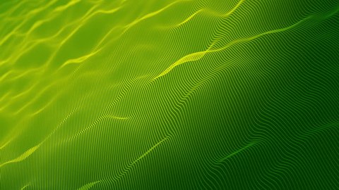 Background animation of flowing waves. Abstract light green lines on dark green background. 