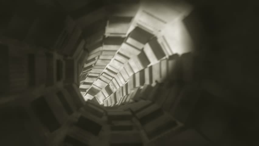 Traveling down a stylized, retro, industrial tunnel.