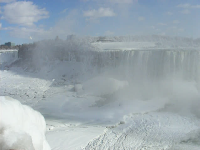 Short panorama of the Niagara Falls. Part of USA and Canadian Niagara Falls, Niagara Escarpment, Ice Bridge over the Niagara River and cover with ice and snow Niagara River. 