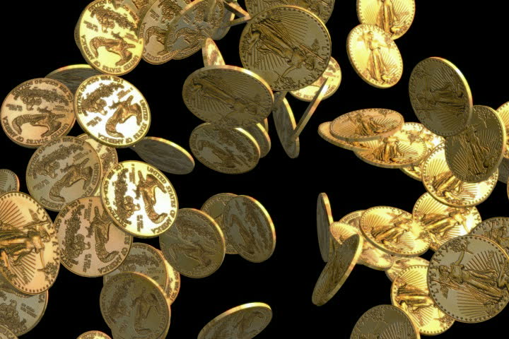 Gold coins falling NTSC. 3D Render. interlaced