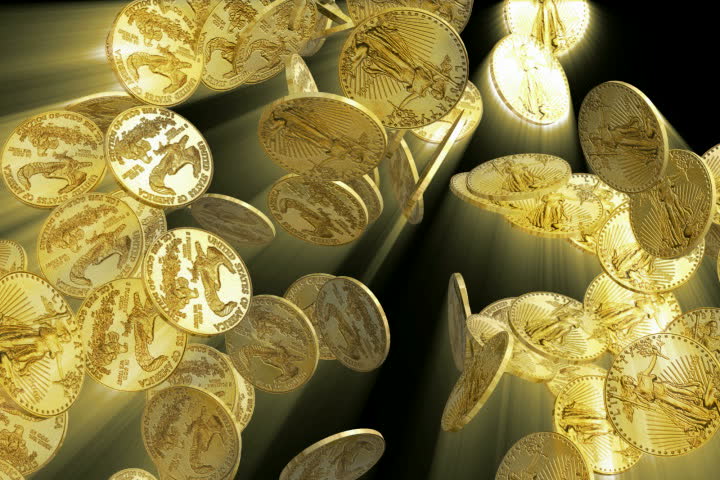 Gold Coins Shining background. 3D render. NTSC. Interlaced.