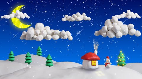 winter christmas scene house and firs loop clay animation