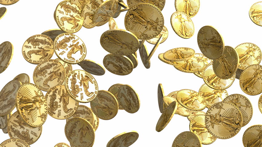 Falling coins on white background HD. 1080i. 3d Animation.
