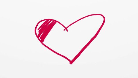 Heart symbol being drawn by red crayon or pastel on white background. Valentines day artistic animated background.