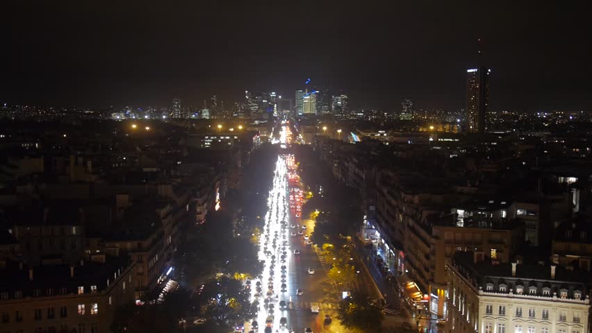 Paris, France - October, 2015 - Wide shot of La Défense at night viewed from the top of the Arc de Triomphe. Royalty-Free Stock Footage #13932581