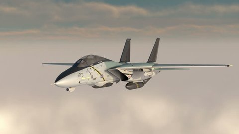 F -14 , american military fighter plane.Jet plane. Fly in clouds. Wonderfull sunset. Realistic CG 3d animation