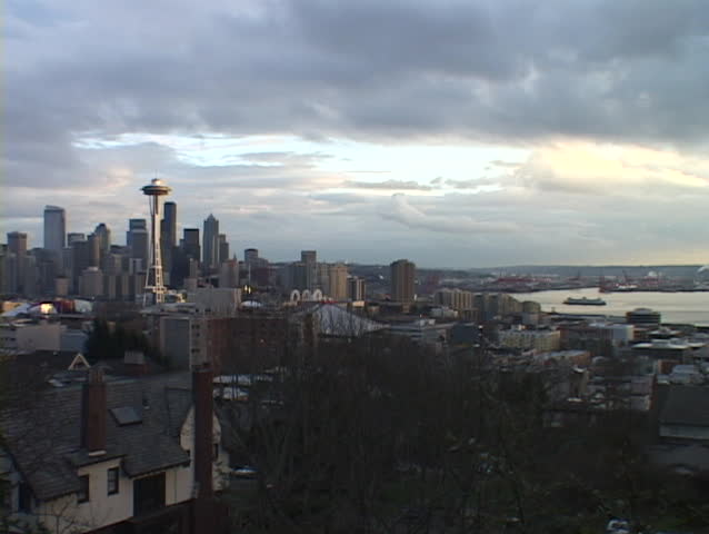 Heavy clouds hang over  Seattle, Washington.