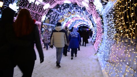 Moscow, Russia - January 17, 2015. A glowing Christmas  tunnel   long is 150 meters on Tverskoy Boulevard