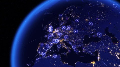 Global communications through the network of connections over Europe. Concept of internet, social media, traveling or logistics. High resolution texture of city lights at night. 4k - Ultra HD.