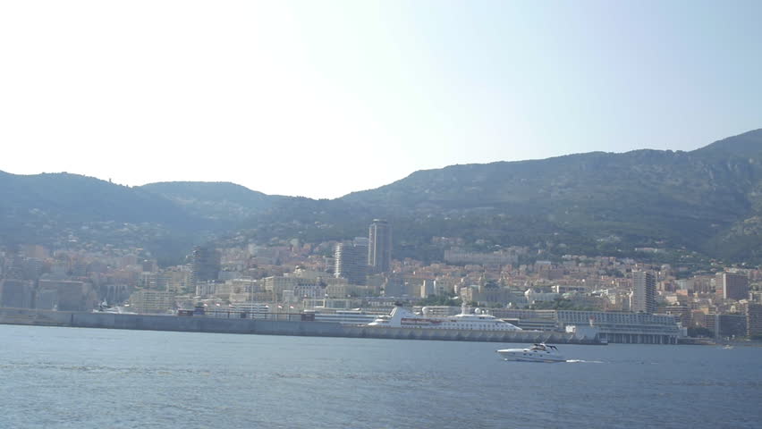 French Riviera boat ride, Monaco. Scenic skyline beauty. Slow motion.