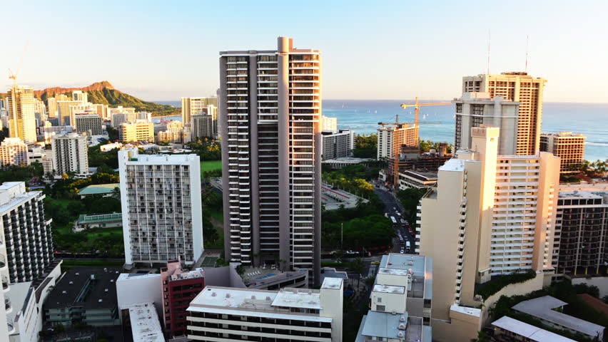 Honolulu timelapse, day-to-night. Citiscape shot from balcony.