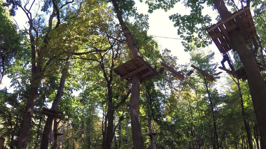 Boy in climbing equipment at high altitude. Adventure park. Extreme sport. Children climbing. 