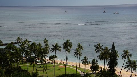 Hawaii vacation resort aerial. Island lifestyle. Establishing overhead.
