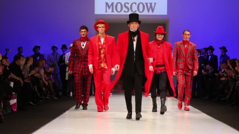 MOSCOW - FEB 22: Men wear suits by S. Zaytzev and walk the catwalk in Collection Premiere Moscow, on Feb 22, 2011, Moscow, Russia. Zaitsev began theatrical display of collections, first in Russia Editorial Stock Video