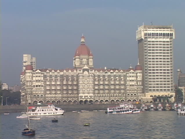 The exterior of the Taj Mahal Hotel in Bombay, India as seen from the POV of the harbor.
