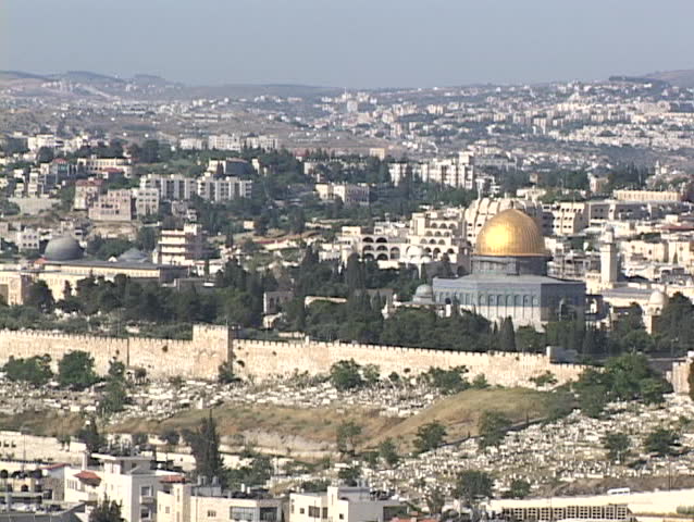 Jerusalem stretches to the horizon with the Dome of the Rock as a prominent feature.