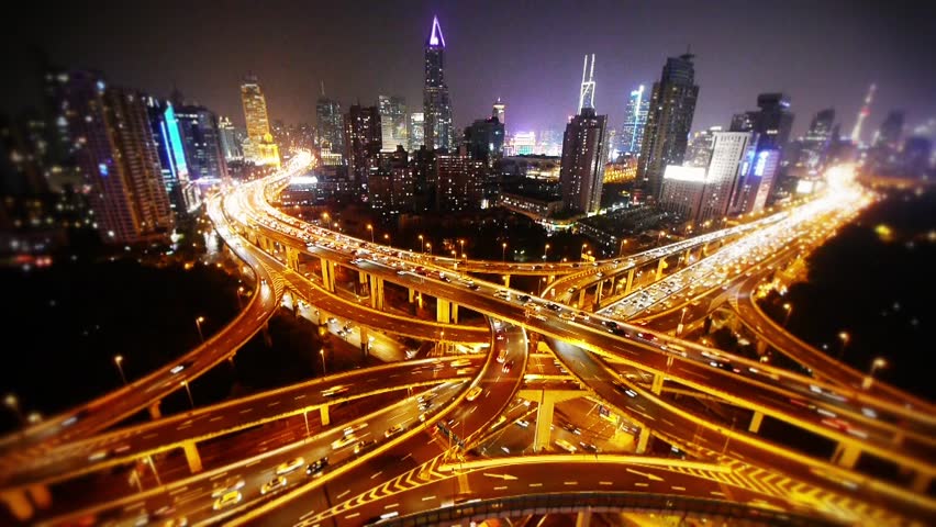Time lapse,Aerial View of freeway busy city rush hour heavy traffic jam highway,shanghai Yan'an East Road Overpass,driving racing by with streaking lights trail & super long exposures. gh2_07478