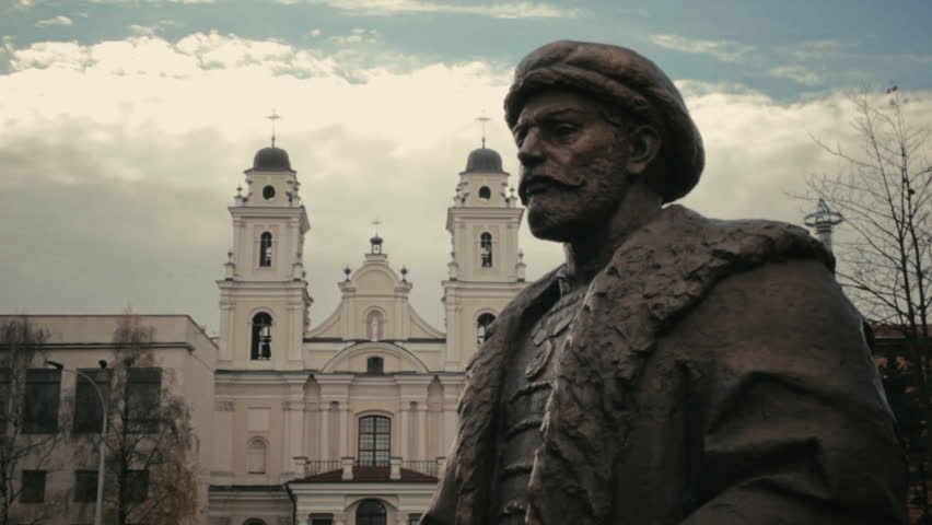 Statue in front Church of Saint Virgin Mary in Minsk
