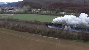Aerial video of a steam train in the countryside/Steam train