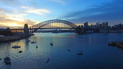 4k aerial footage at Sydney Harbour Bridge during sunrise at summer