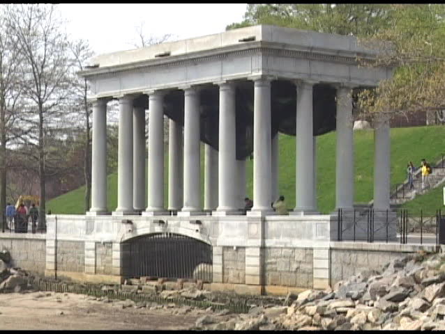 Medium shot of memorial in Plymouth Rock, Massachusetts.