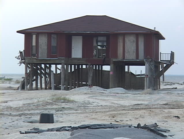 The aftermath of Hurricane Katrina shows in this destroyed beach house.