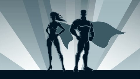 Superhero Couple Loop: Animation of male and female superheroes posing in front of lights.
