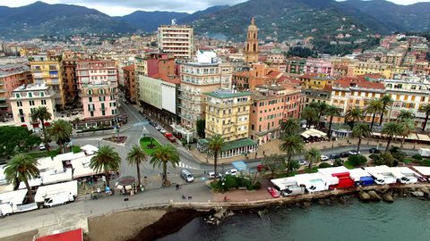 Aerial view of Rapallo, a seaside community north of Cinque Terre and south of Portofino on the Ligurian Coast of Italy Stock Video