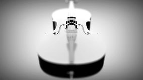 Close up of a beautiful single white 3d modelled cello rotates on a light vignetted background. Depth of field camera lens effect. Looping animation.