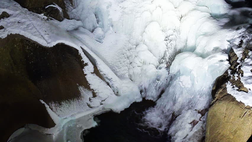 This is a shot of a frozen waterfall running into a pond. Shot on a Gopro hero 3 black plus. Availible in 2D and 3D.