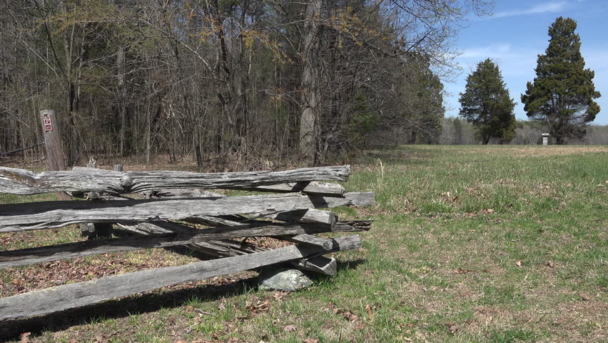 CHANCELLORSVILLE, VIRGINIA - CIRCA JUN 2015: Chancellorsville Virginia Civil War battlefield split pole fence 4K. May 1863. 30,000 casualties and 3,200 killed. 193,000 troops fought the battles.