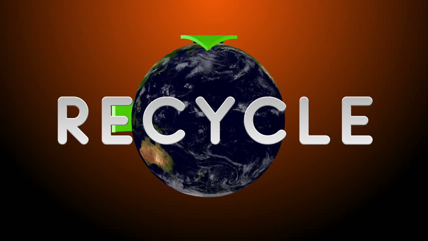 Rotating Earth seamless looping 3D animation with green recycle arrows going around it.